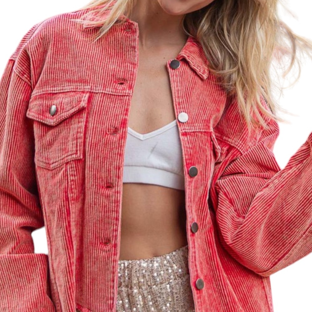 Women’s Ruby Red Corduroy Distressed Button-Down Jacket NWT